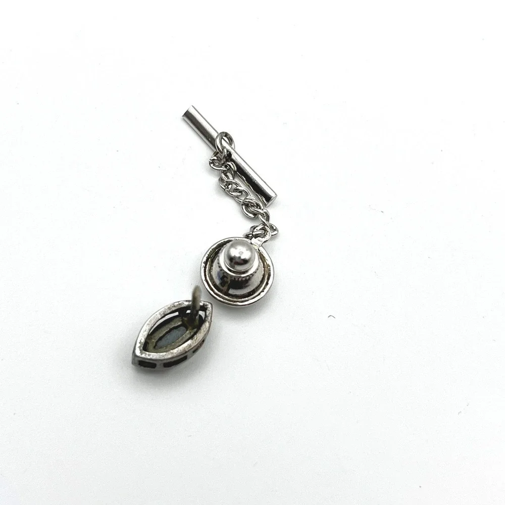 Vintage Hematite‎ Marquise Tie Tac Silver Tone with Security Chain T-Bar Mens